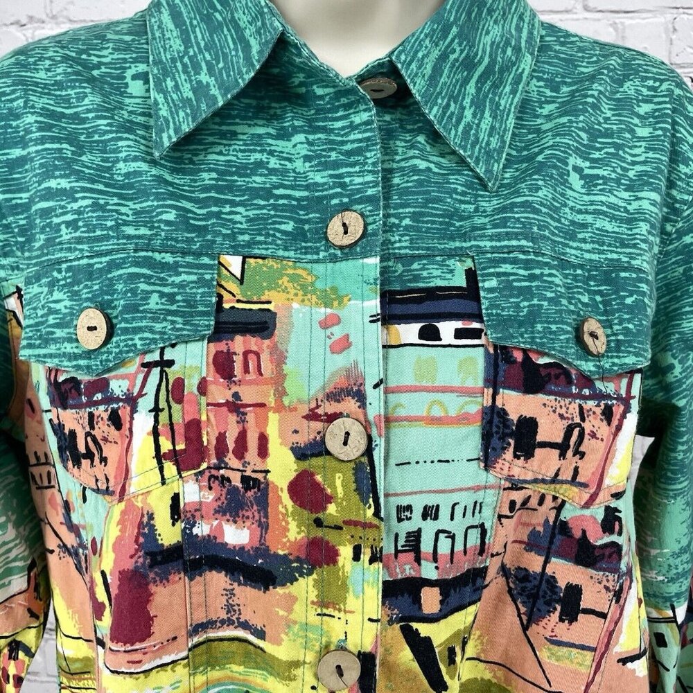 Jane Ashley Green 100% Cotton Sailboat Print Button Up Long Sleeve Size Medium M - Picture 4 of 8